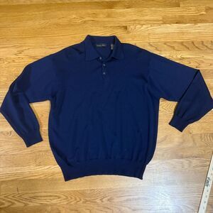 Cortina Italia Sweater Men's XL Navy 100% Merino Wool Collar Fine Knit